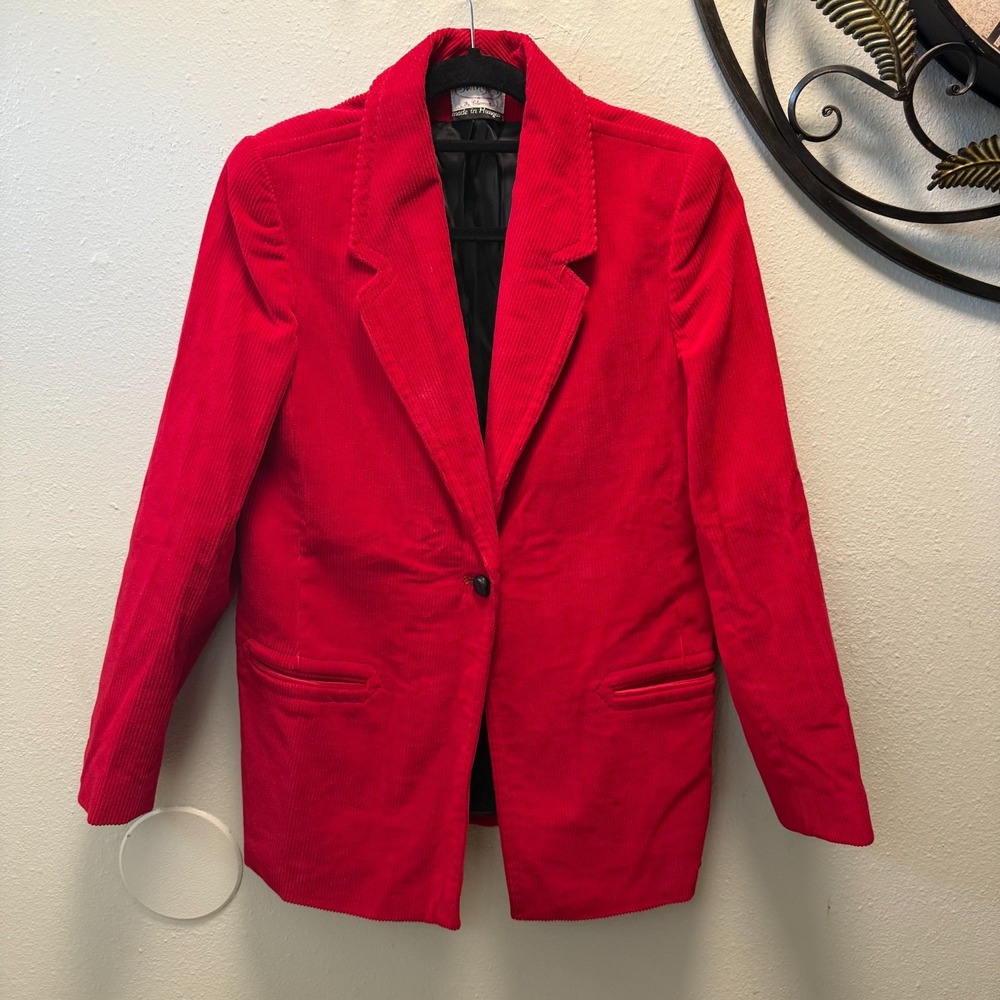 Vtg Red Corduroy Blazer Women's One Button Retro‎ 80s 90s Jacket size 9/10
